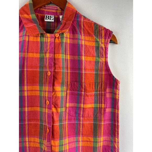 Basic Essentials Womens Sleeveless Button-Up Plaid Shirt Size S 100% Cotton Vibr - Picture 2 of 4